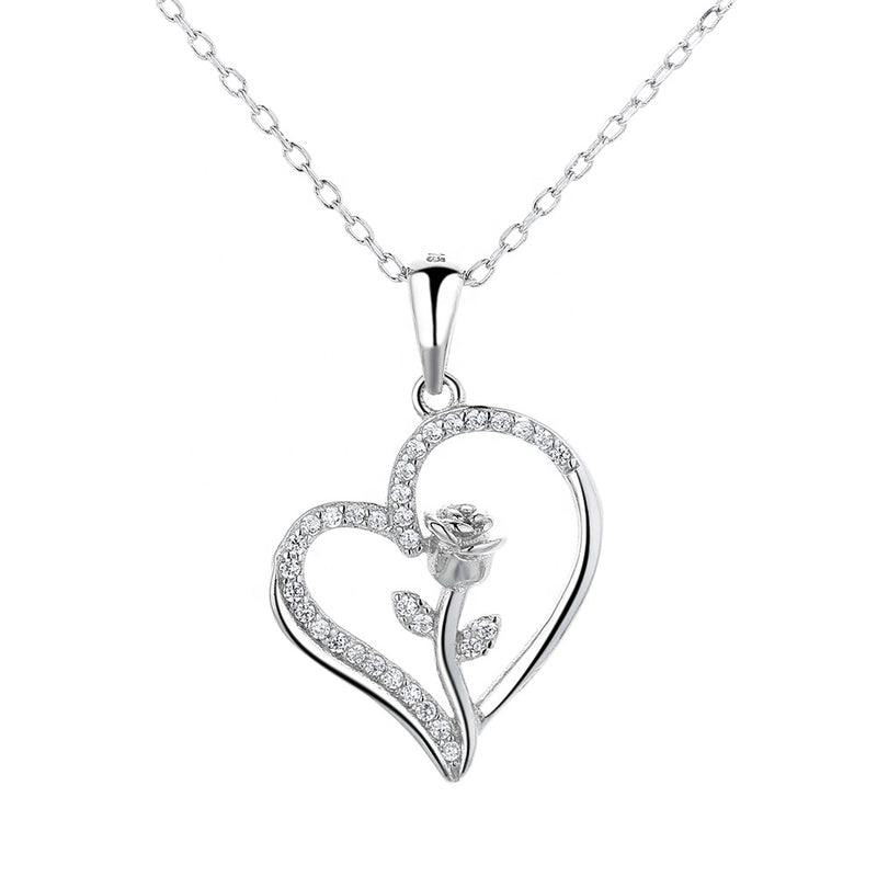 Rose Flower Love Heart Necklace Sterling Silver
